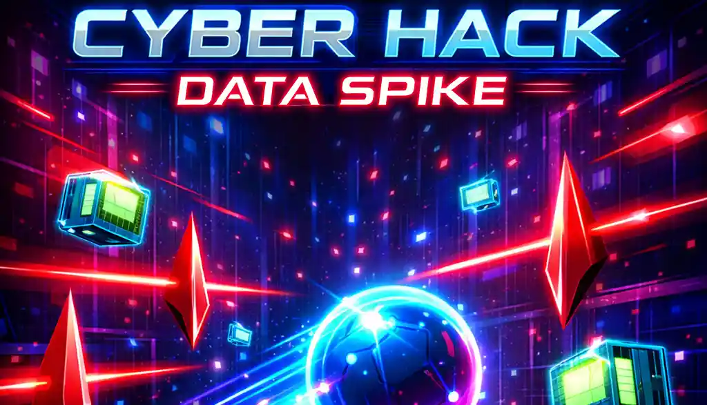 Cyber Hack: Data Spike – Play Futuristic Hacker Arcade Game Online Show a glowing neon data orb moving through a digital grid filled with sharp red data spikes and laser barriers. Add floating data packets and holographic effects around the grid. Use neon colors like blue, purple, pink and red on a dark cyber background to create a high-tech hacker atmosphere. Add glowing particles and motion effects to make the scene feel fast and intense. The title "Cyber Hack: Data Spike" should appear at the top in a futuristic sci-fi font. Style: cyberpunk arcade mobile game thumbnail, neon glowing design.